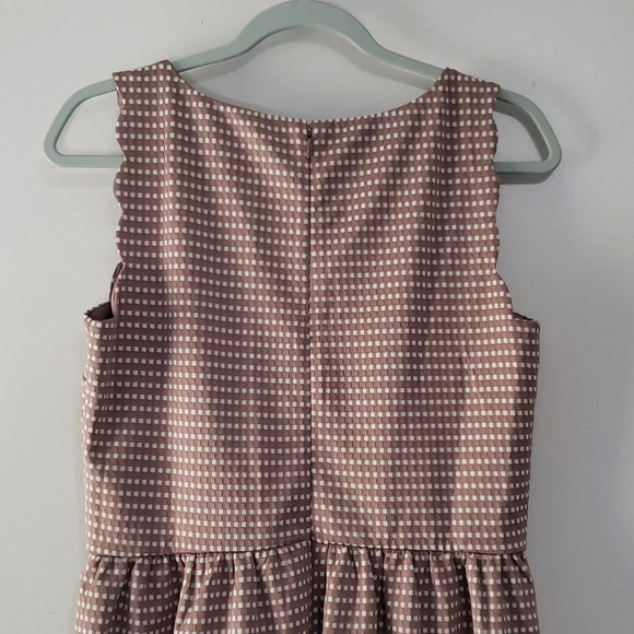 Loft Dress 8 Sleeveless Scalloped Tan White Gingham Plaid Office Career Wedding - Picture 6 of 12